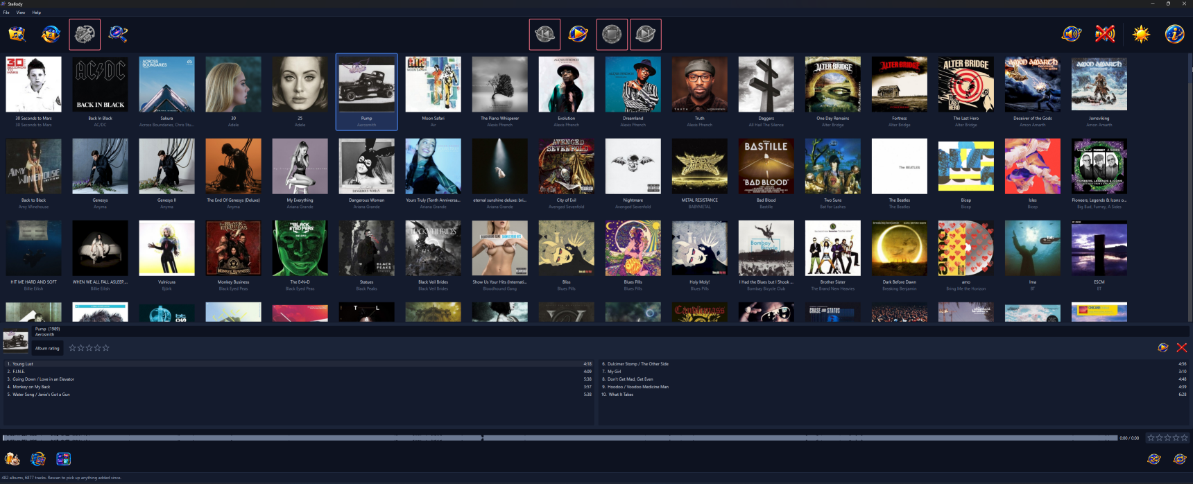 Stellody showing a grid of album sleeves, with the album Pump by Aerosmith opened in a pane beneath it: its title, artist and album rating above its ten tracks running down two columns; the waveform bar runs along the bottom.