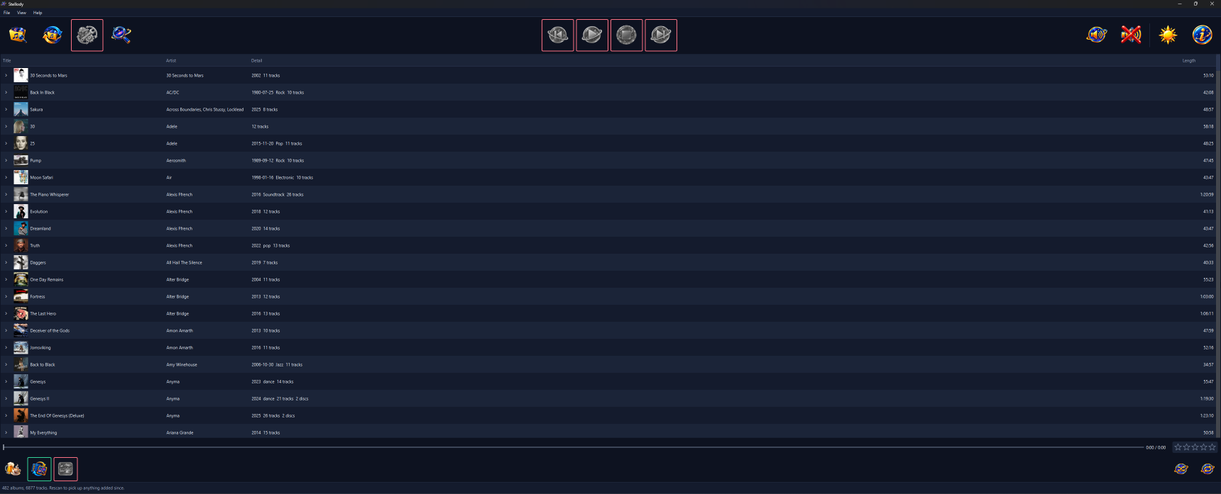 Stellody's list view: one row per album with its cover, its artist, then a detail column giving the year, genre, track count and disc count, with the length at the right.